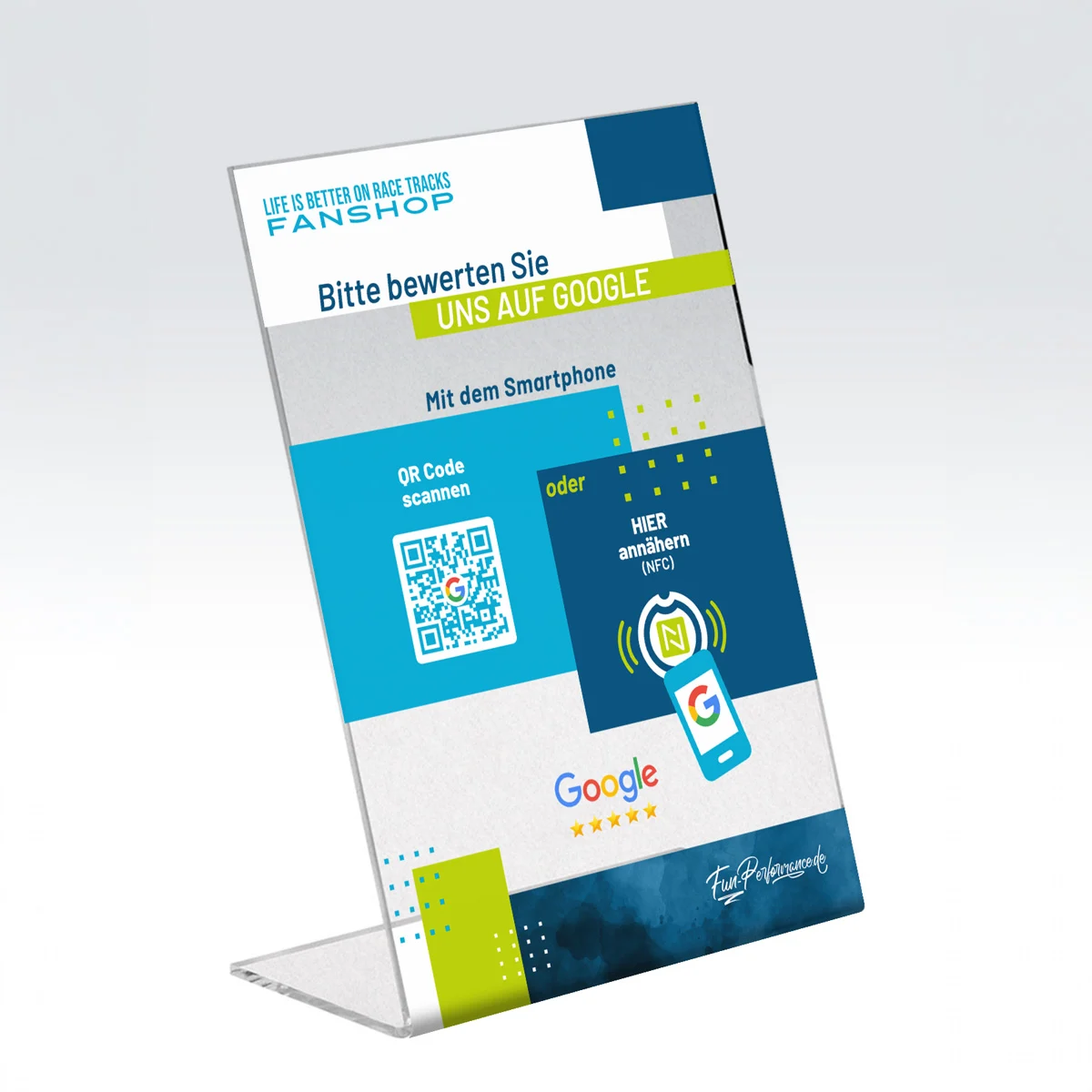Individueller Google Bewertungs Aufsteller aus Acryl im Corporate Design mit NFC & QR-Code